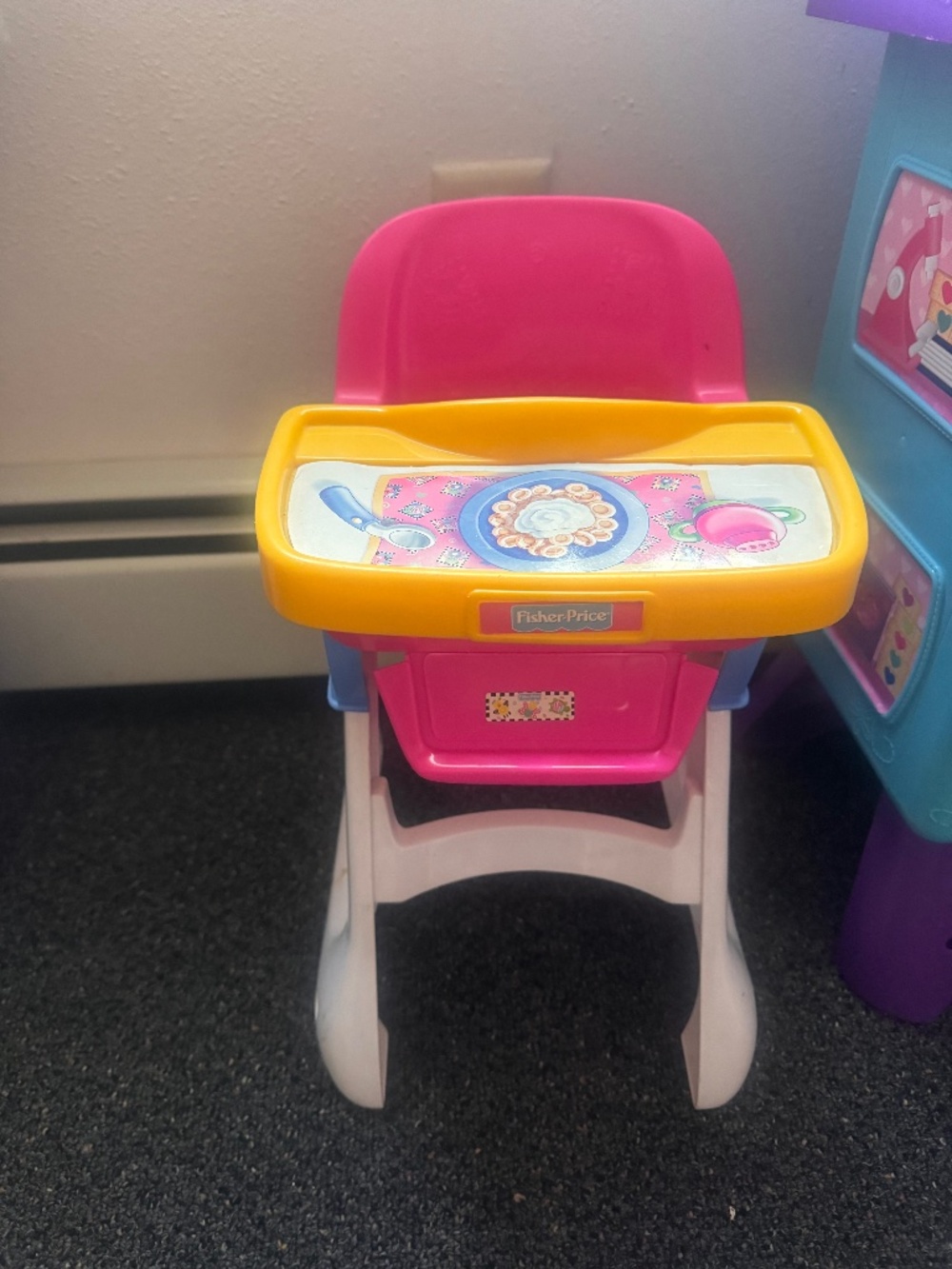 Vintage toy Fisher-Price Bright Pink and Yellow Play High Chair